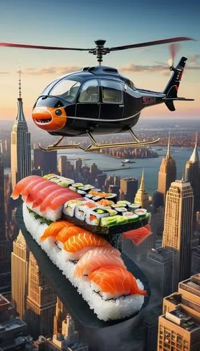 flying food,sushi,sushi art,sushi plate,lox,sushi japan,arctic char,pan-bagnat,corporate jet,eurocopter,sushi boat,uber eats,smoked salmon,helicopter,submarine sandwich,sushi rolls,new york restaurant,sushi set,sushi roll images,rotorcraft,Illustration,Abstract Fantasy,Abstract Fantasy 06