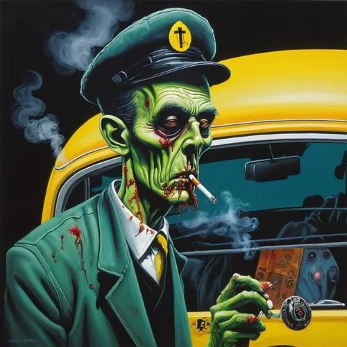 zombie taxi driver, smoking,radebaugh,emshwiller,ecto,corben,brubaker,colescott,tretchikoff,bisley,reanimator,gravedigger,farragher,murdoc,kolchak,kuenzer,bolland,jasinski,autorama,genest,psychobilly,