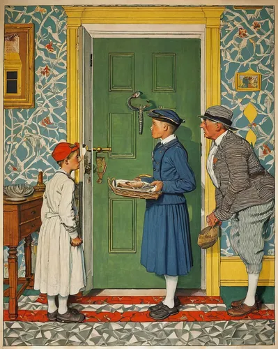 kate greenaway,vintage illustration,school children,children studying,woman holding pie,itinerant musician,newspaper delivery,the little girl's room,children learning,montessori,housework,partiture,the flute,girl scouts of the usa,girl in the kitchen,parcel service,children's room,the pied piper of hamelin,magazine - publication,door mat,Art,Artistic Painting,Artistic Painting 50