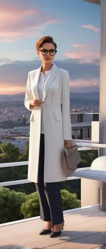 Luxury modern villa, female architect, 30s, short hair, glasses, professional attire, holding blueprint, standing on rooftop, panoramic view, cityscape, sunset, warm lighting, sleek minimalist design,