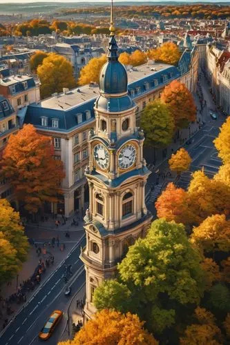 Historic European city, grand architectural heritage site, ornate Baroque-style buildings, intricately carved stone facades, rusticated quoins, symmetrical composition, vibrant colorful frescoes, deco