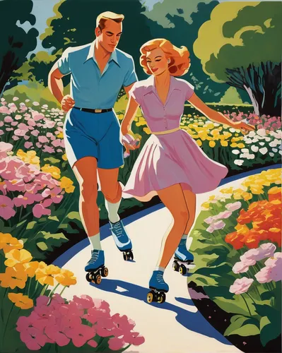 roller skates,rollerblades,roller skating,roller skate,vintage man and woman,vintage boy and girl,square dance,vintage illustration,retro 1950's clip art,artistic roller skating,dancing couple,retro women,picking flowers,inline skates,skaters,figure skate,1940 women,vintage art,croquet,picking vegetables in early spring,Illustration,American Style,American Style 09