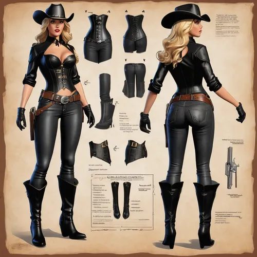 Black Canary in the Wild West with black jeans, black leather corset, a cowboy belt, boots and spurs in front view and side view for 3D modeling,leather hat,leather texture,police uniforms,riding boot