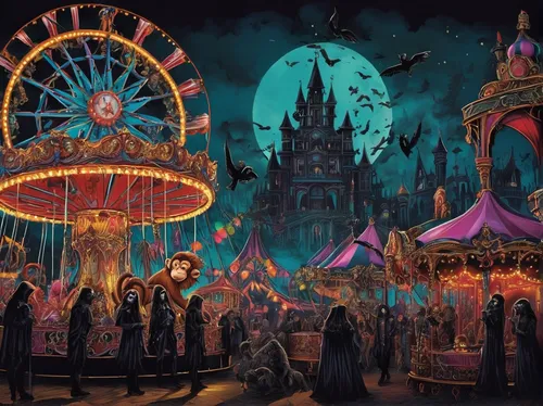 amusement park,goth festival,luna park,fantasy world,carnival,halloween background,amusement ride,fantasy city,theme park,halloween wallpaper,shanghai disney,the carnival of venice,helloween,cirque,funfair,circus,tokyo disneyland,carousel,fantasy picture,circus show,Illustration,Realistic Fantasy,Realistic Fantasy 46