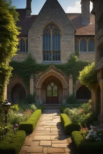 Guildford architectural design, medieval-inspired building, grand stone walls, intricate stonework patterns, stained glass windows, pointed arches, ornate wooden doors, majestic clock tower, sprawling