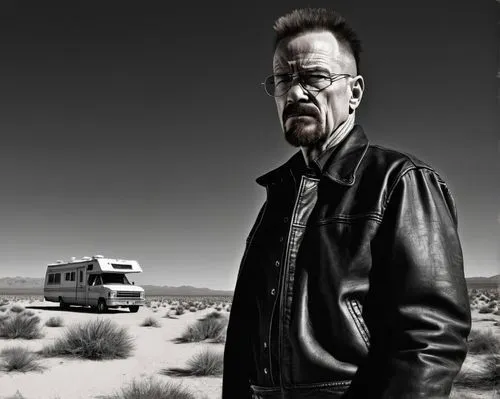 Walter White, Breaking Bad, intense gaze, messy hair, goatee, casual wear, jeans, black shirt, leather jacket, sunglasses, serious facial expression, standing, abandoned desert landscape, old RV, sand