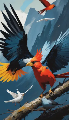 Compose a thrilling adventure where a brave bird saves its flock from danger,bird painting,colorful birds,summer tanager,bird illustration,cardinals,scarlet macaw,crimson finch,scarlet tanager,king pa