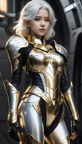 intricate details, masterpiece, white hair, full body, milky white skin, shiny skin, photo of anime girl in gold armor, surreal sci-fi style, light silver and light black, animated gif, deep black, de