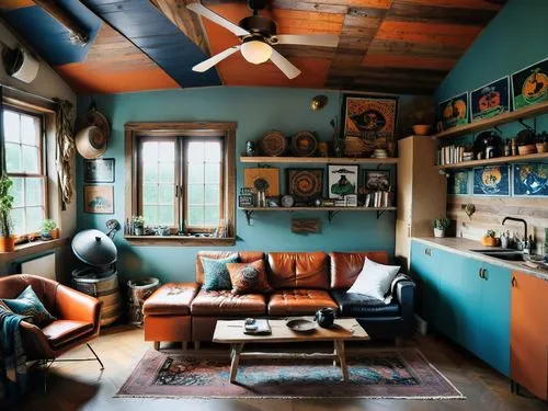 Interior. Beautiful cozy little rock studio. Ceiling wood caissons. Attic ceiling. Walls wood and decorative plaster. Kitchen under wood and metal. Leather sofa. Drum kit. Lots of decor, posters, club