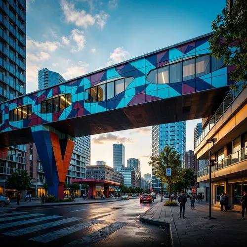 Vibrant urban landscape, modern architectural bridge, sleek metal structures, bold color schemes, bright blue accents, warm golden lighting, dynamic diagonal lines, geometric patterns, industrial text