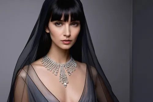 A high quality photo of a woman with fair skin and long straight black hair, wearing a sheer black veil that covers her head and drapes down her back, a deep V-neck dress that shows off her collarbone