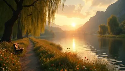 Scenic riverbank, serene atmosphere, sunset time, warm golden light, gentle breeze, weeping willows, vibrant wildflowers, narrow dirt path, few ducks swimming lazily, old wooden bench, distant misty m