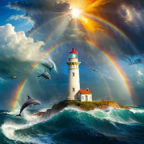 rainbow at sea,lighthouses,lighthouse,light house,electric lighthouse,fantasy picture,Conceptual Art,Daily,Daily 32