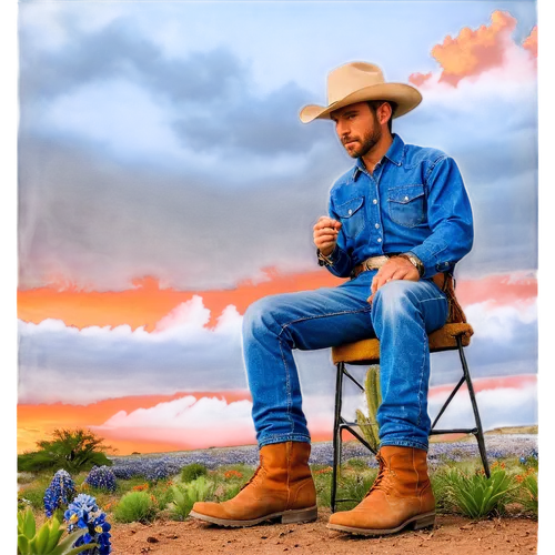 Texas landscape, cowboy hat, rugged boots, worn jeans, lasso rope, vast open range, bluebonnet flowers, cacti, sunset sky, warm orange light, 3/4 composition, shallow depth of field, cinematic lightin