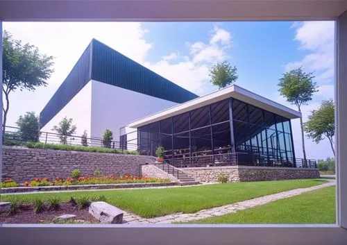 DISEÑO EXTERIOR DE UN RESTAURANT PARA UNA NAVE INDUSTRIAL, TERRAZAS CON MUROS DE PIEDRA, PERSONAS,CESPED, VENTANALES DE CRISTAL AMPLIOS, VISTAS PANORAMICAS, VEGETACION EXUBERANTE,a po of a glass and s