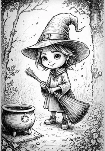 : Design Sketch-Rough Outline ,a drawing of a girl dressed as a witch holding a broom,schierke,schierholtz,schierstein,witch,hatter,halloween witch,Design Sketch,Design Sketch,Detailed Outline