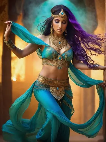 Female genie, Middle Eastern, magical, slender figure, bare midriff, exotic belly dancer costume, intricate gold accessories, flowing silk pants, transparent veil, mystical smoke, genie lamp, ornate A