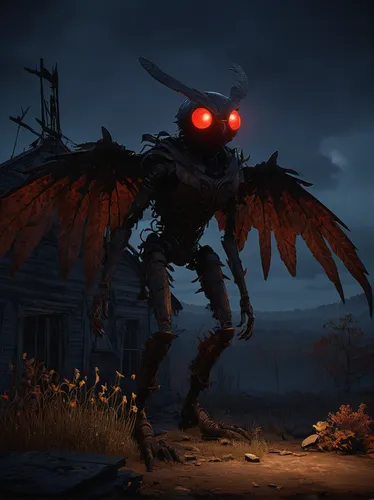 mothman, Fallout 76, equinox event 2023, post-apocalyptic setting, glowing red eyes, dark silhouette, wings spread, perched on a ruined building, desolate landscape, mutated flora, irradiated fog, dec