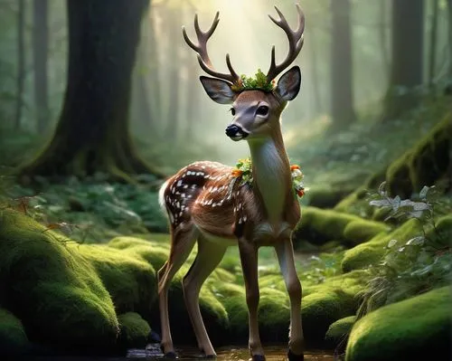 Human deer hybrid, fawn-like skin tone, gentle brown eyes, slender legs, hoofed feet, delicate fingers, leafy green hair, flower crown, soft focus, whimsical atmosphere, forest surroundings, misty mor