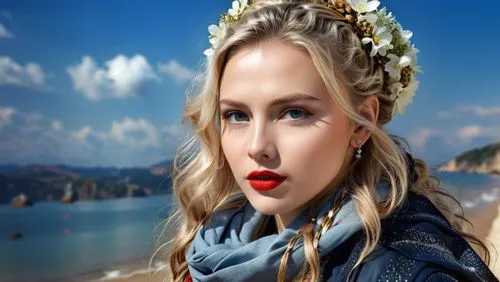 woman wearing a floral crown on the beach,morgause,jessamine,miss circassian,sarikaya,hadise,loboda,Photography,General,Realistic