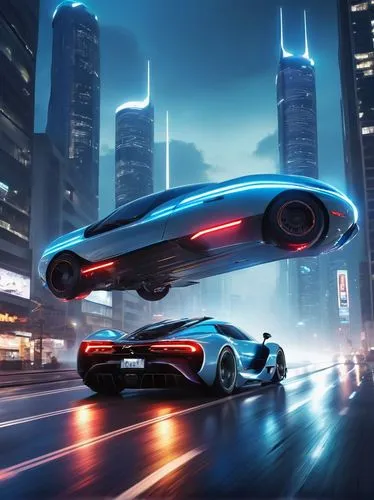 Futuristic autobahn, German-inspired architecture, sleek curved lines, metallic silver body, neon blue accents, glowing headlights, gull-wing doors, sporty wheels, low-profile tires, urban cityscape b