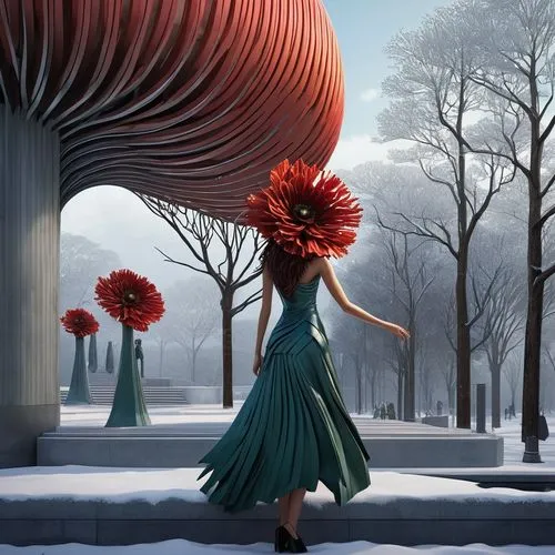 A digital artwork depicting a woman resembling Aphrodite with long, braided red hair holding a flower, inspired by ancient Greece. The piece features a naturalistic style with a sea anemone and a fant