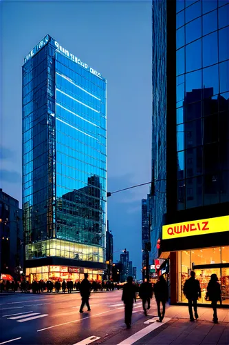 Commercial building, modern architecture, glass facade, steel frame, neon signs, evening scene, cityscape background, busy streets, blurred pedestrians, 3/4 composition, low-angle shot, dramatic light