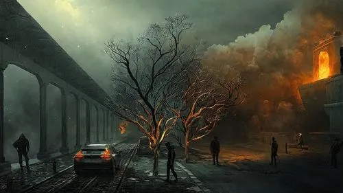 two men walking towards a burning street during the night,crewdson,post-apocalyptic landscape,winter night,eisenbahn,fire background,winter background,Conceptual Art,Fantasy,Fantasy 12