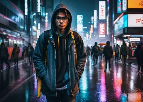 Midnight journey, solo traveler, backpacker, young adult, determined expression, messy brown hair, glasses, hoodie, ripped jeans, sneakers, walking stick, dimly lit city street, Tokyo neon lights, sky