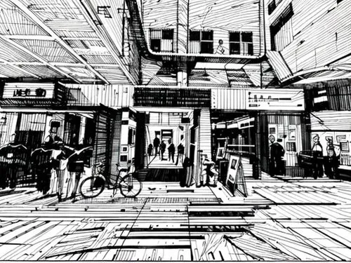 motomachi,ginza,store fronts,shibuya,comic style,mono-line line art,shopping street,itabashi,mono line art,kowloon city,streetlife,tokyo city,townscape,street cafe,shinjuku,myeongdong,souk,tokyo,stree