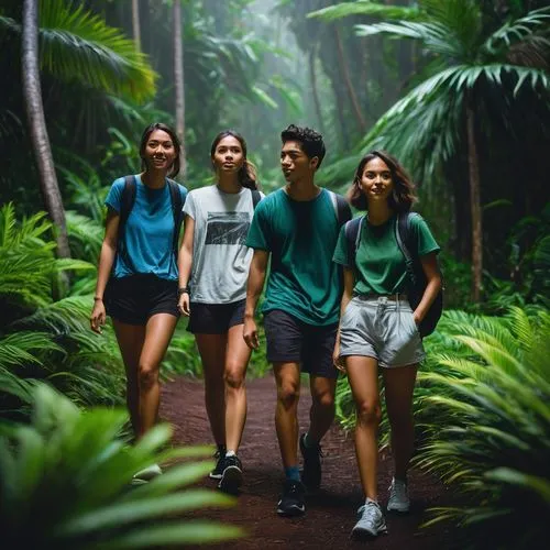 Nightwalkers in Hawaii, group of friends, 20-25yo, casual wear, t-shirts, shorts, sneakers, backpacks, flashlights, exploring, hiking, walking on a winding trail, lush green forest, tall palm trees, t