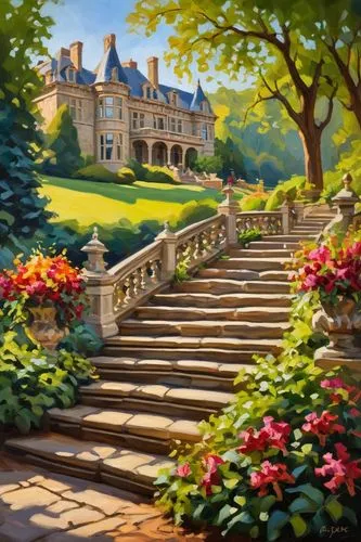 home landscape,landscaped,gardens,country estate,landscaping,landscaper,chateau,palladianism,english garden,landscape background,flower garden,kykuit,ritzau,landscapist,splendor of flowers,fairy tale castle,landscapers,manicured,private estate,to the garden,Conceptual Art,Oil color,Oil Color 22