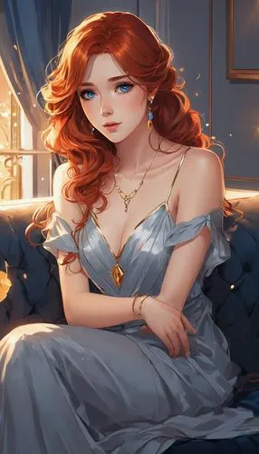 sad beatiful woman, 25 years old, redhair, blue eyes wearing a golden long dress sitting in a gray couch. Charming anime carachters captivate viewers with their ethereal beauty. night time, expressive