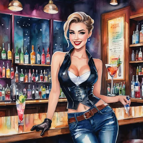 bartender,barmaid,unique bar,barista,waitress,bar,harley,femme fatale,cocktail,liquor bar,cosmopolitan,margarita,marilyn,pin-up girl,marylyn monroe - female,cocktails,woman at cafe,pin up girl,retro pin up girl,world digital painting,Illustration,Paper based,Paper Based 25