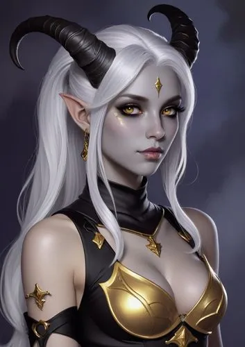 a rendering of a woman with white hair and horns,dark elf,yavana,vladislaus,karpas,drow,sindel