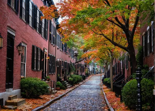 """Acorn Street October"" by Justin Mier via Flickr Creative Commons",old linden alley,philadelphia,chestnut avenue,boston,row houses,massachusetts,new york streets,new england,fall landscape,fall fol