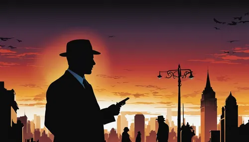 conductor,antenna parables,mary poppins,concierge,art deco background,manhattan,houses silhouette,spy visual,inspector,private investigator,bellboy,silhouette of man,sherlock holmes,jazz silhouettes,detective,spy,film poster,man silhouette,ringmaster,high-wire artist,Illustration,Black and White,Black and White 31