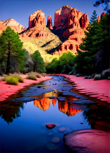 Sedona Arizona landscape, vibrant red rock formations, majestic Cathedral Rock, scenic Oak Creek Canyon, green cypress trees, blue sky with few white clouds, warm sunlight, soft shadows, panoramic vie