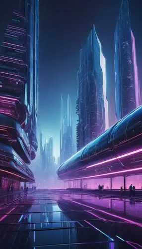 Futuristic cityscape, graphene skyscraper, neon lights reflecting off glassy surfaces, complex circuitry patterns on walls, sleek metallic beams, holographic advertisements floating in mid-air, toweri