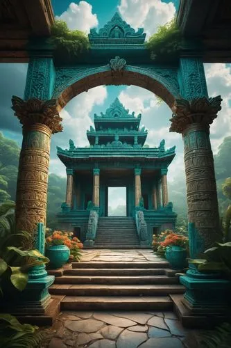 artemis temple,ancient city,shrine,temple,victory gate,thai temple,dragon bridge,tianxia,sanctum,white temple,dojo,labyrinthian,water palace,asian architecture,pillars,world digital painting,fantasy landscape,wishing well,gateway,3d background,Photography,Artistic Photography,Artistic Photography 13