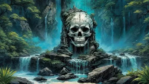 scull,grayskull,nekron,water fall,waterval,skull statue