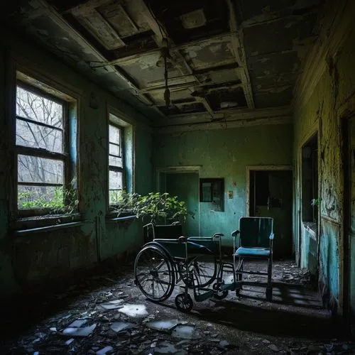 Liminal hospital, abandoned building, broken windows, ivy-covered walls, old medical equipment, rusty wheelchairs, dimly lit corridors, eerie atmosphere, mysterious shadows, dusty floors, peeling pain