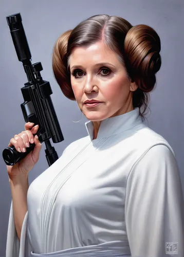 Carrie Fisher by aljackson,princess leia,senator,clone jesionolistny,ammo,cg artwork,star mother,imperial,official portrait,starwars,woman holding gun,force,star wars,kosmea,republic,luke skywalker,th