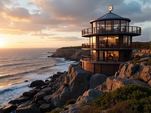 Watchtower on rocky coastline, rugged cliffside, crashing ocean waves, salty sea air, nautical themed architecture, weathered wooden decks, rusty metal railings, lantern-style lighting, circular obser