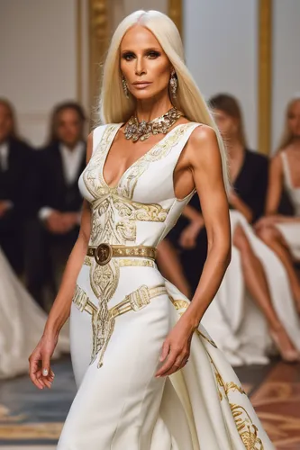 Describe Donatella Versace's fashion designs using lively and vibrant words.,versace,bridal clothing,miss circassian,hallia venezia,mamaia,femme fatale,charlize theron,brazilian monarchy,celtic queen,