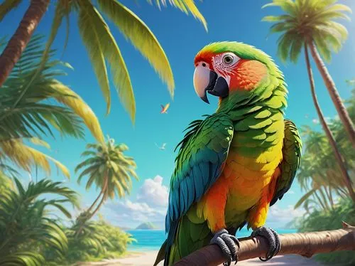 Vibrant parrot, anime style, colorful feathers, bright green wings, yellow beak, big round eyes, curious expression, perched on shoulder, girl's friend, tropical island, palm trees, sunny weather, war