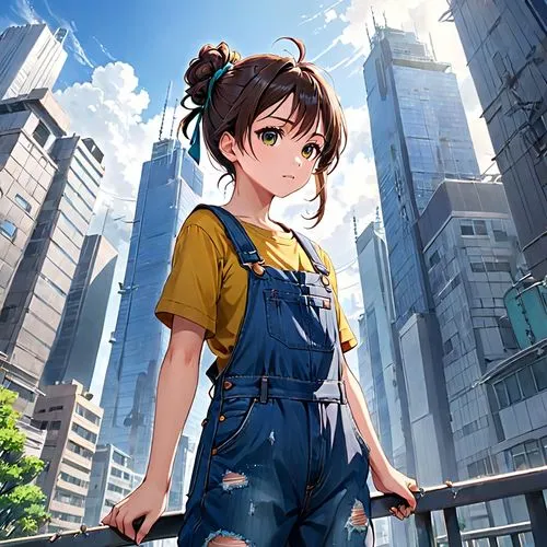 girl in overalls,overalls,overall,nico,anime japanese clothing,japanese sakura background,mikuru asahina,sakura background,blue-collar worker,shibuya,azusa nakano k-on,construction worker,miku maekawa,female worker,tokyo city,cg artwork,city ​​portrait,denim background,honolulu,haruhi suzumiya sos brigade,Anime,Anime,Realistic