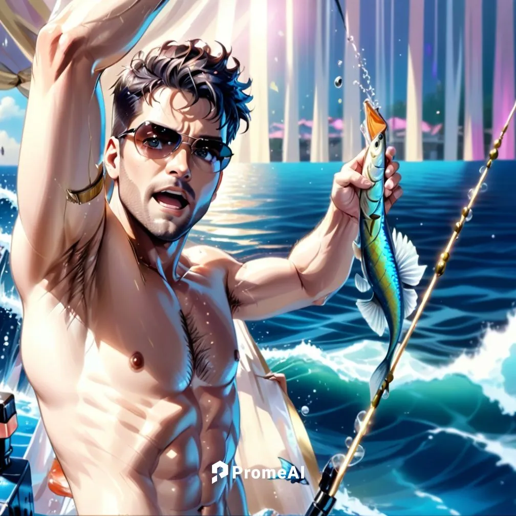 Ricky Martin, shirtless, curtain hair, BEARD, CATCHING FISH, ARMPIT HAIR,a man holding a fish on top of a boat,poseidon,atlantean,hrithik,mermen,god of the sea,sea god,Anime,Anime,General