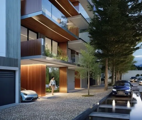 Respetar imagen original,a building with large windows, trees and cars parked on the street,residencial,fresnaye,3d rendering,maisonettes,arkitekter,nerang,Photography,General,Realistic