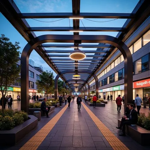 Vibrant tram station, modern architecture, sleek metal beams, glass roofs, LED light installations, futuristic ambiance, dynamic color schemes, neon signs, urban cityscape, busy pedestrian traffic, ru